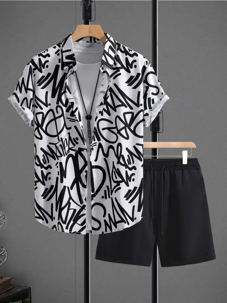Men’s Letter Print Shirt and Shots Set - black white graphic print button-down
