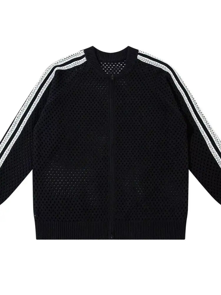 Men’s Openwork Contrast Stripe Zip Up Long Sleeve Jacket