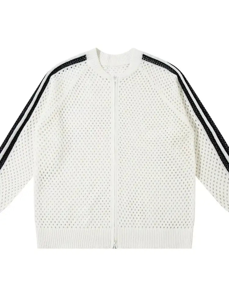 Men’s Openwork Contrast Stripe Zip Up Long Sleeve Jacket