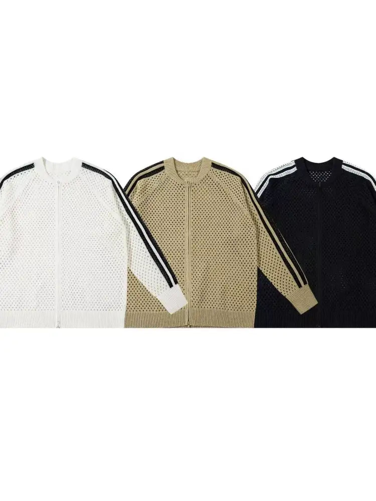 Men’s Openwork Contrast Stripe Zip Up Long Sleeve Jacket