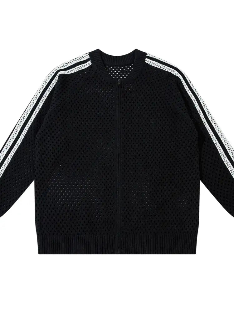 Men’s Openwork Contrast Stripe Zip Up Long Sleeve Jacket