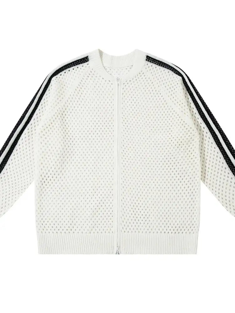Men’s Openwork Contrast Stripe Zip Up Long Sleeve Jacket