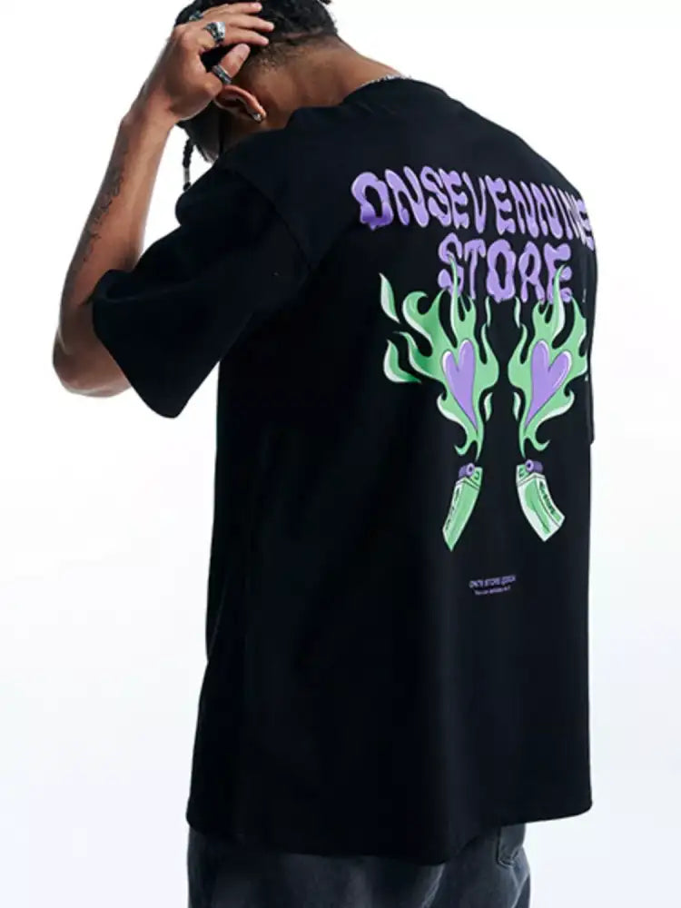 Men’s Oversized Round Neck Graphic T-Shirt - black t-shirt purple green flame