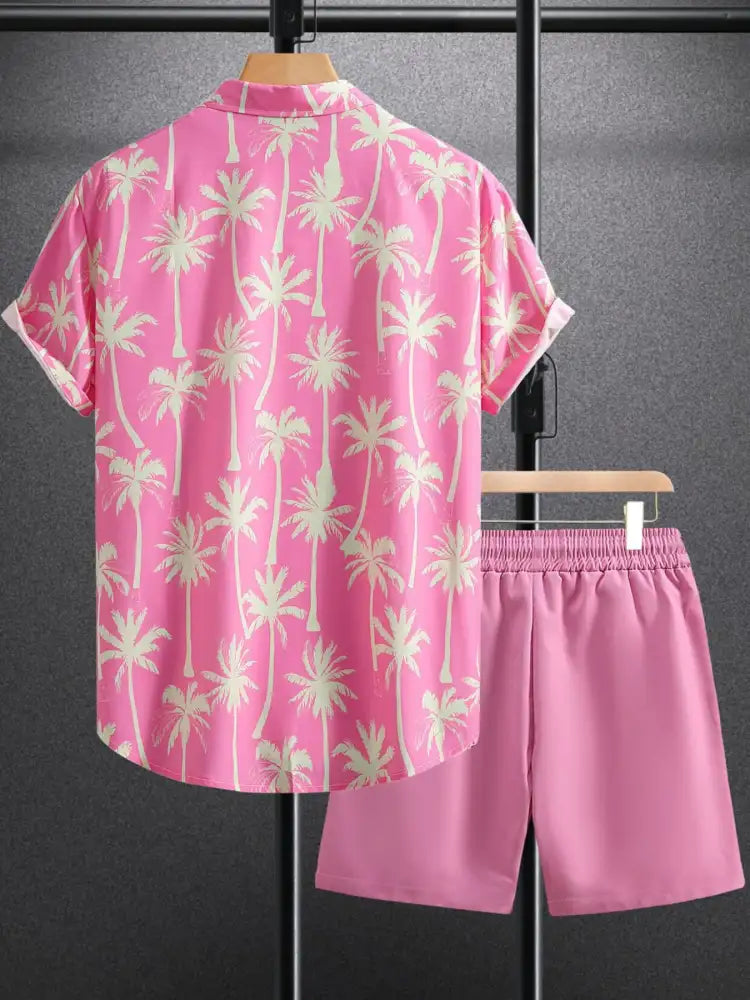 Men’s Palm Tree Print Top and Shorts Summer Set - pink palm tree print short