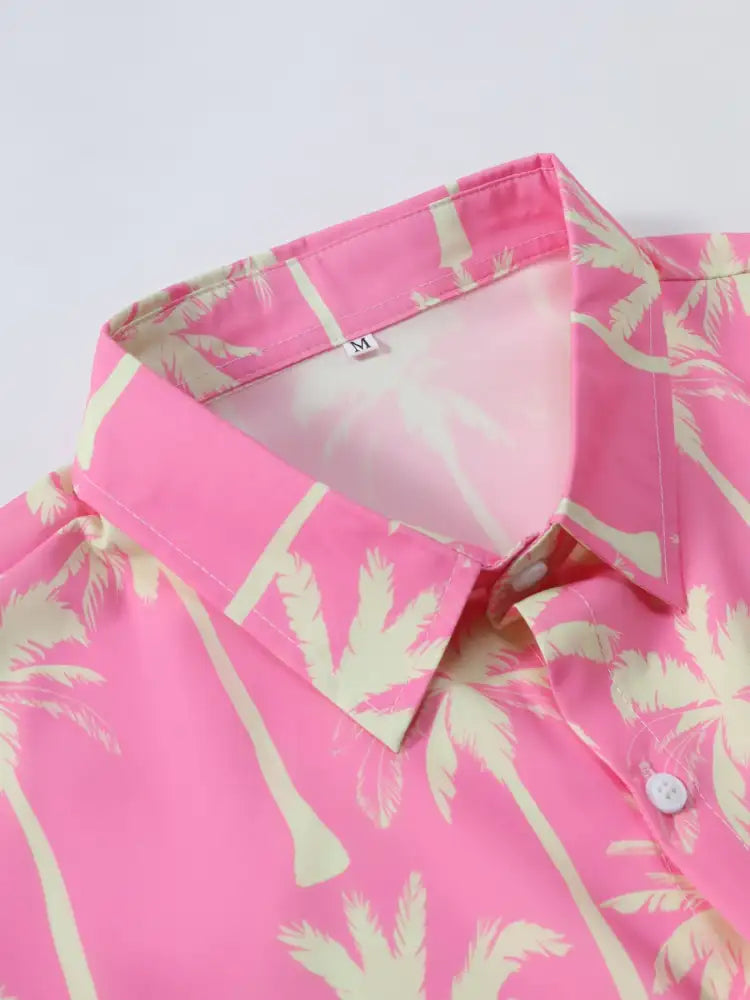 Men’s Palm Tree Print Top and Shorts Summer Set - pink palm tree print button-down