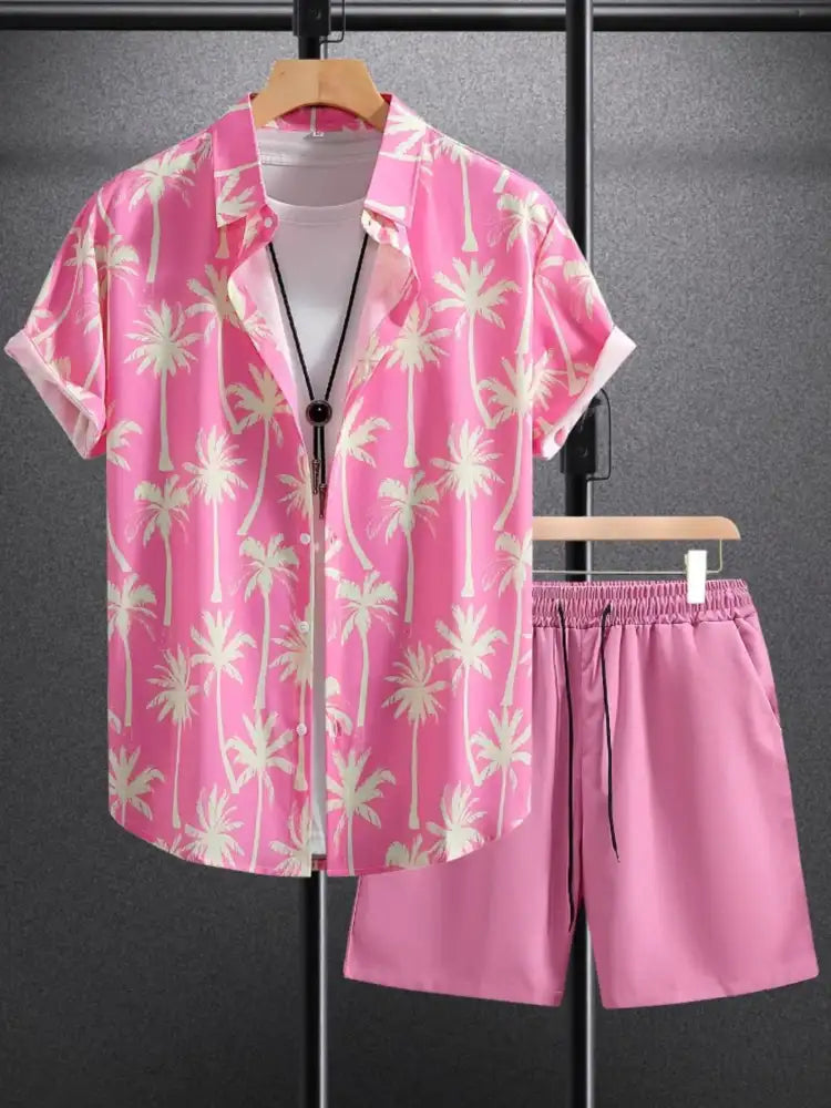 Men’s Palm Tree Print Top and Shorts Summer Set - pink palm tree print short