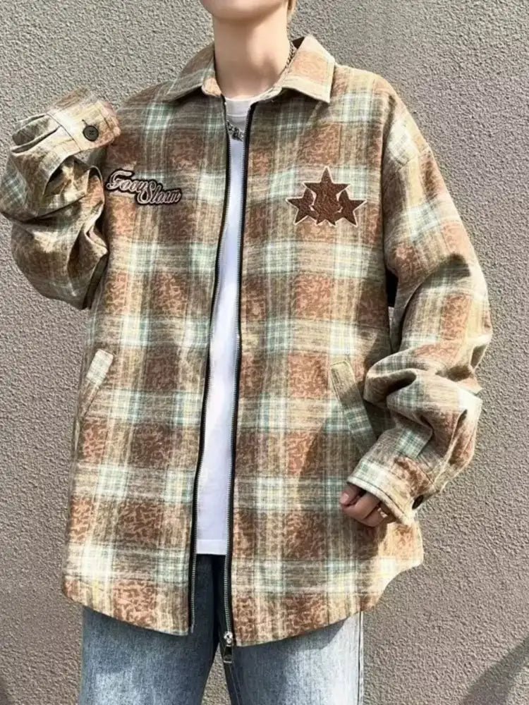 Men’s Plaid Zip Up Long Sleeve Jacket