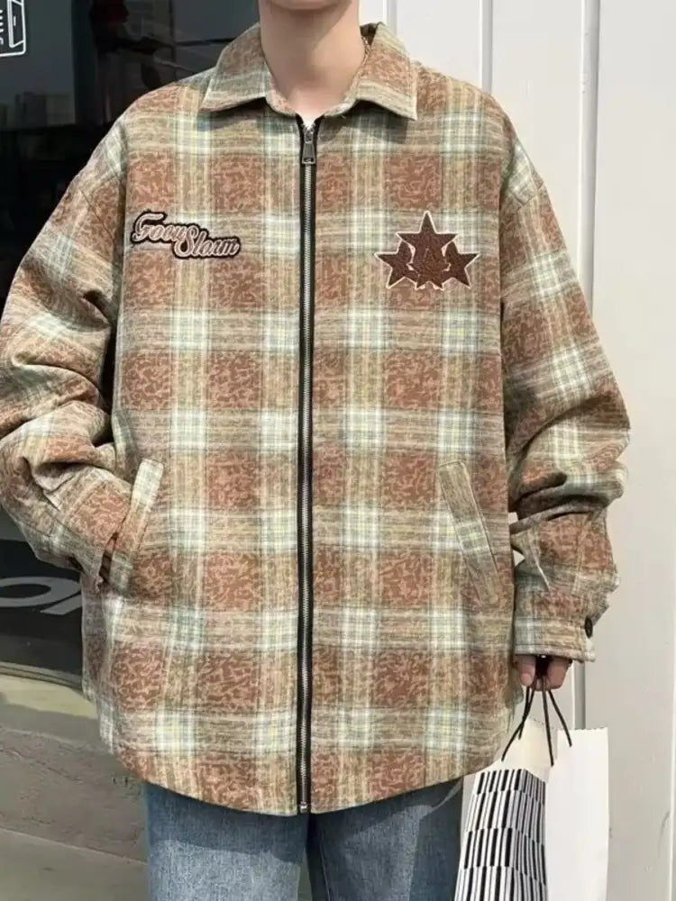 Men’s Plaid Zip Up Long Sleeve Jacket