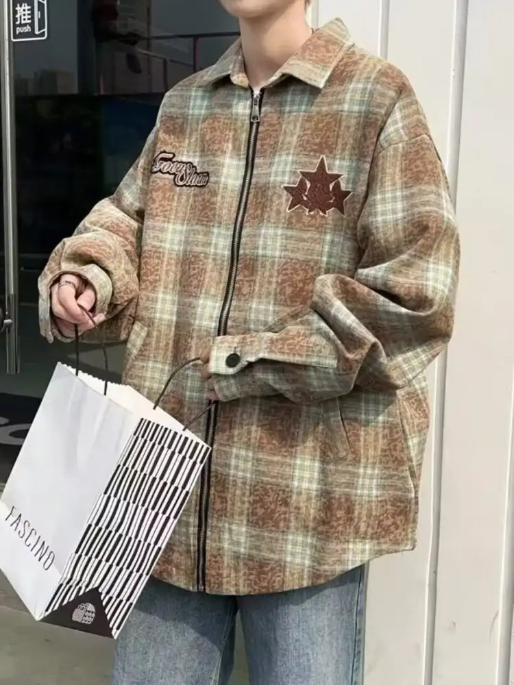 Men’s Plaid Zip Up Long Sleeve Jacket