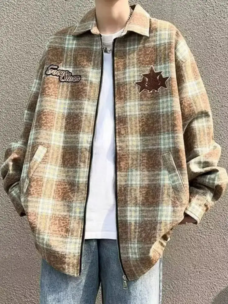 Men’s Plaid Zip Up Long Sleeve Jacket