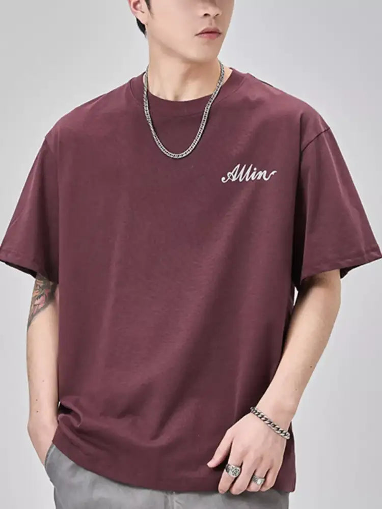 Men’s Plus Size Basic Style Round Neck T-Shirt - maroon oversized t-shirt allin embroidery