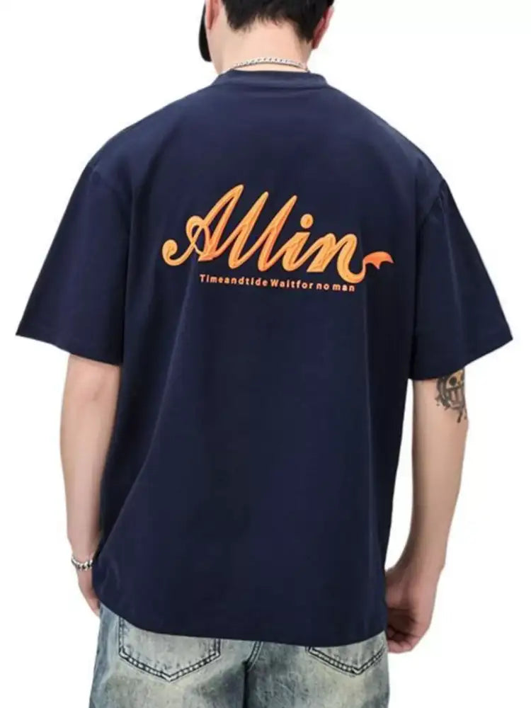 Men’s Plus Size Basic Style Round Neck T-Shirt - navy blue oversized t-shirt orange