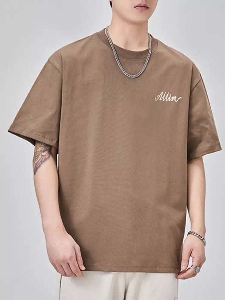 Men’s Plus Size Basic Style Round Neck T-Shirt - brown oversized t-shirt embroidery silver