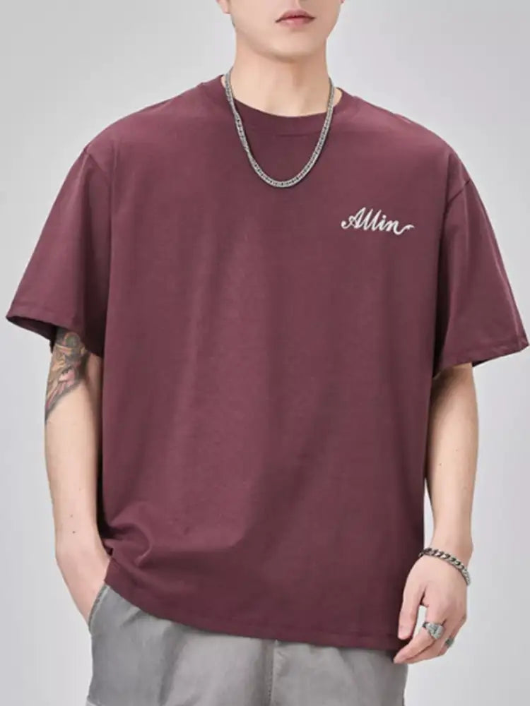 Men’s Plus Size Basic Style Round Neck T-Shirt - burgundy oversized t-shirt embroidered design
