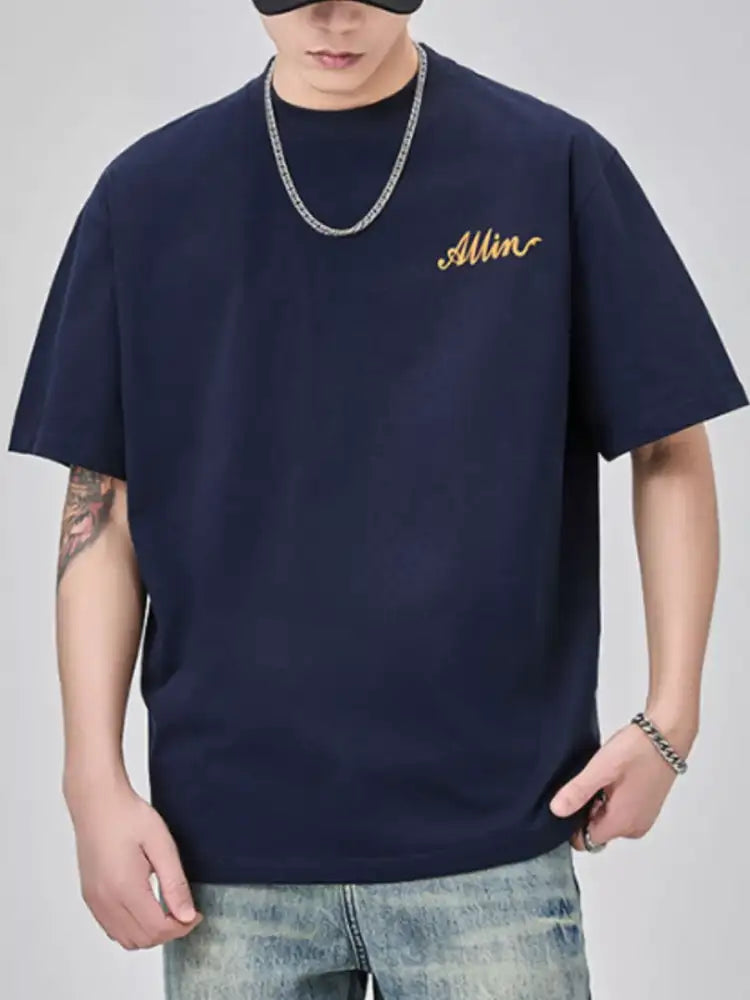 Men’s Plus Size Basic Style Round Neck T-Shirt - navy blue oversized t-shirt embroidered