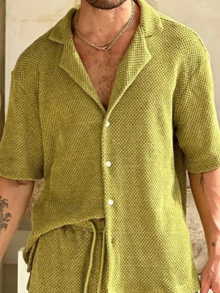 Men’s Plus Size Button Down Half Sleeve Top and Shorts Set - olive green textured button-up shirt