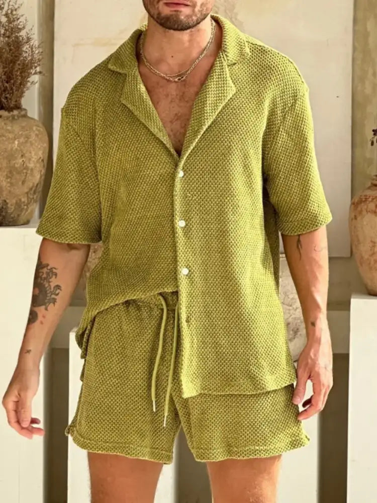 Men’s Plus Size Button Down Half Sleeve Top and Shorts Set - olive green woven pajama set
