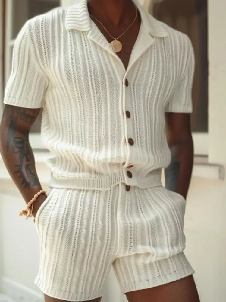 Men’s Plus Size Button Down Short Sleeve Top and Shorts Set