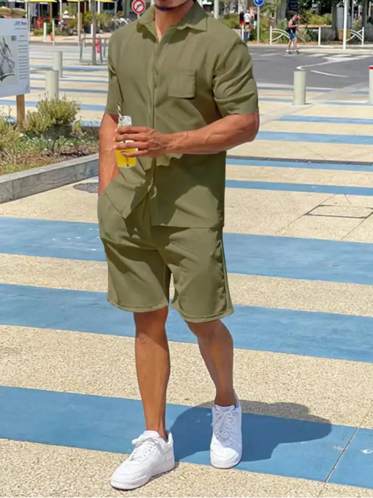 Men’s Plus Size Button Up Shirt and Shorts Set