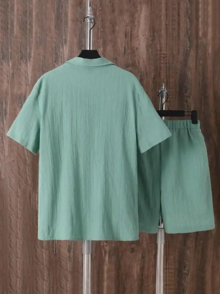 Men’s Plus Size Button Up Short Sleeve Shirt and Shorts Set