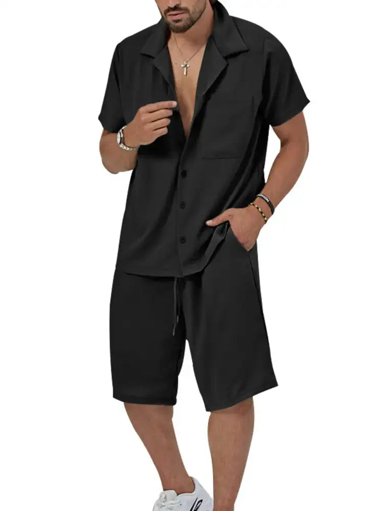 Men’s Plus Size Button Up Short Sleeve Shirt and Shorts Set