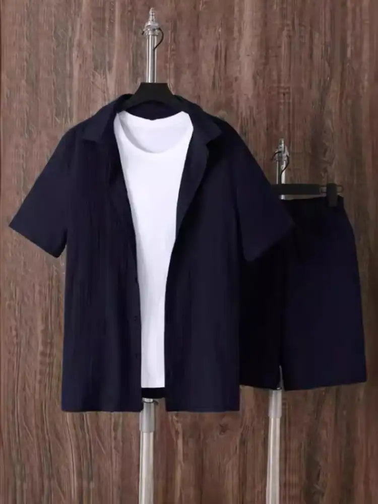 Men’s Plus Size Button Up Short Sleeve Shirt and Shorts Set