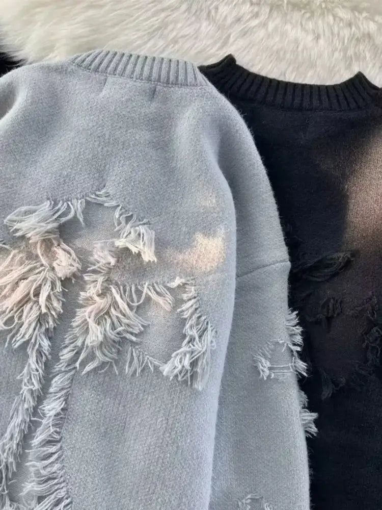 Men’s Plus Size Distressed Knit Pullover Sweater