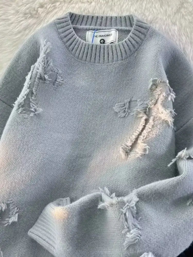 Men’s Plus Size Distressed Knit Pullover Sweater