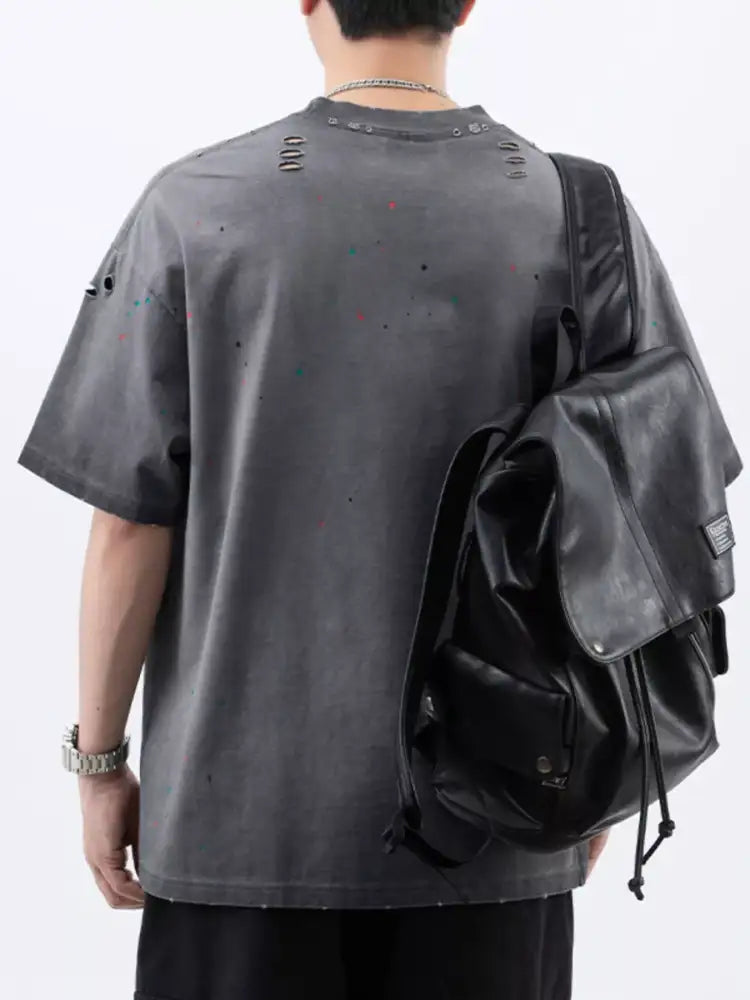 Men’s Plus Size Distressed Round Neck Short Sleeve T-Shirt