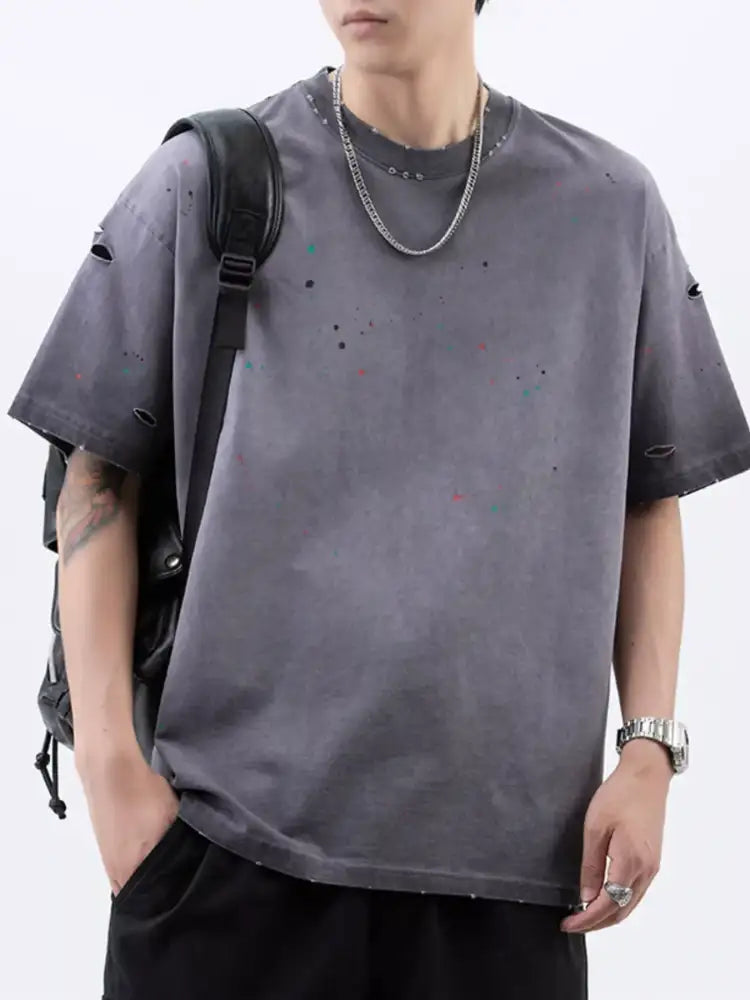 Men’s Plus Size Distressed Round Neck Short Sleeve T-Shirt