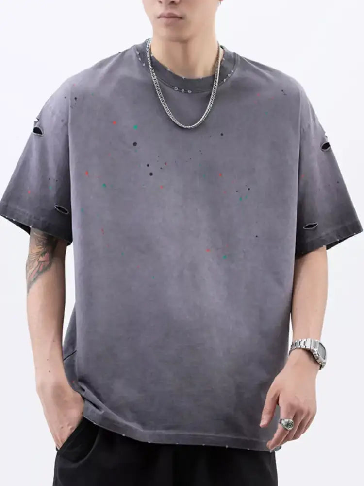 Men’s Plus Size Distressed Round Neck Short Sleeve T-Shirt