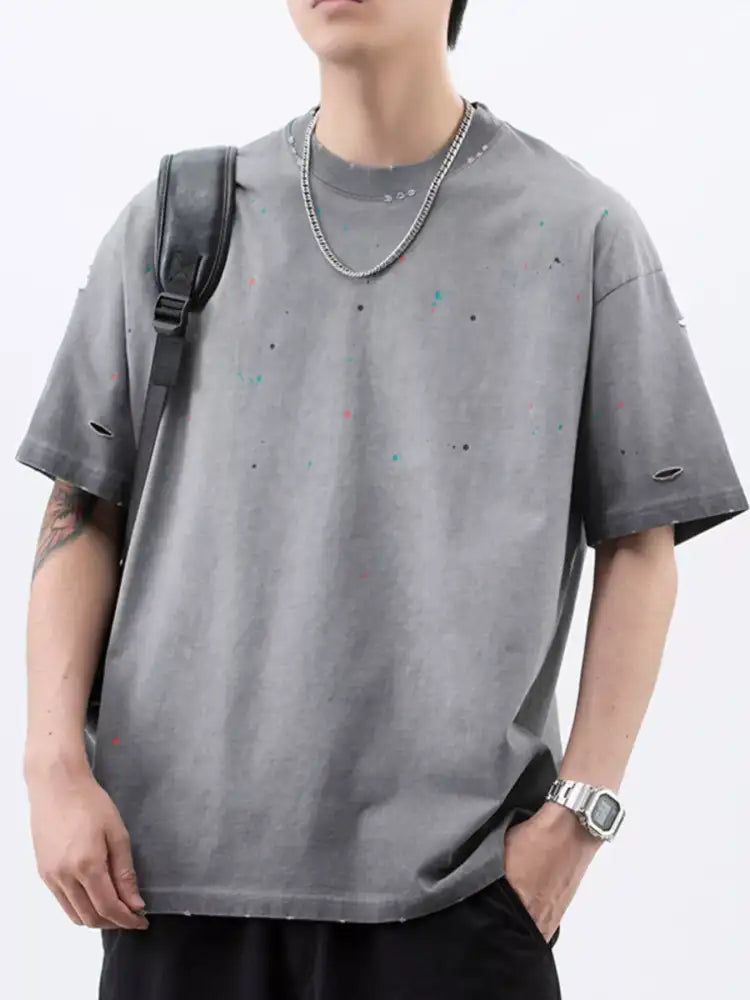 Men’s Plus Size Distressed Round Neck Short Sleeve T-Shirt
