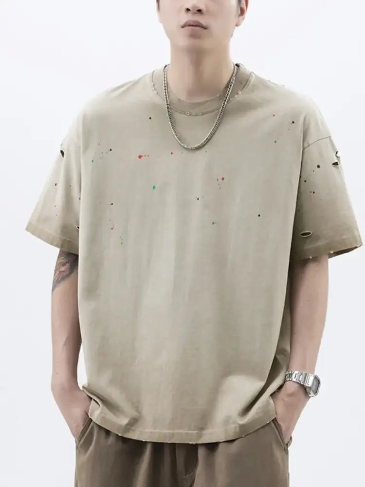 Men’s Plus Size Distressed Round Neck Short Sleeve T-Shirt