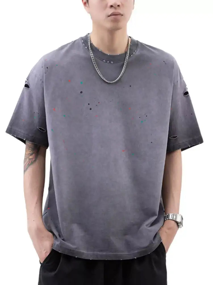 Men’s Plus Size Distressed Round Neck Short Sleeve T-Shirt