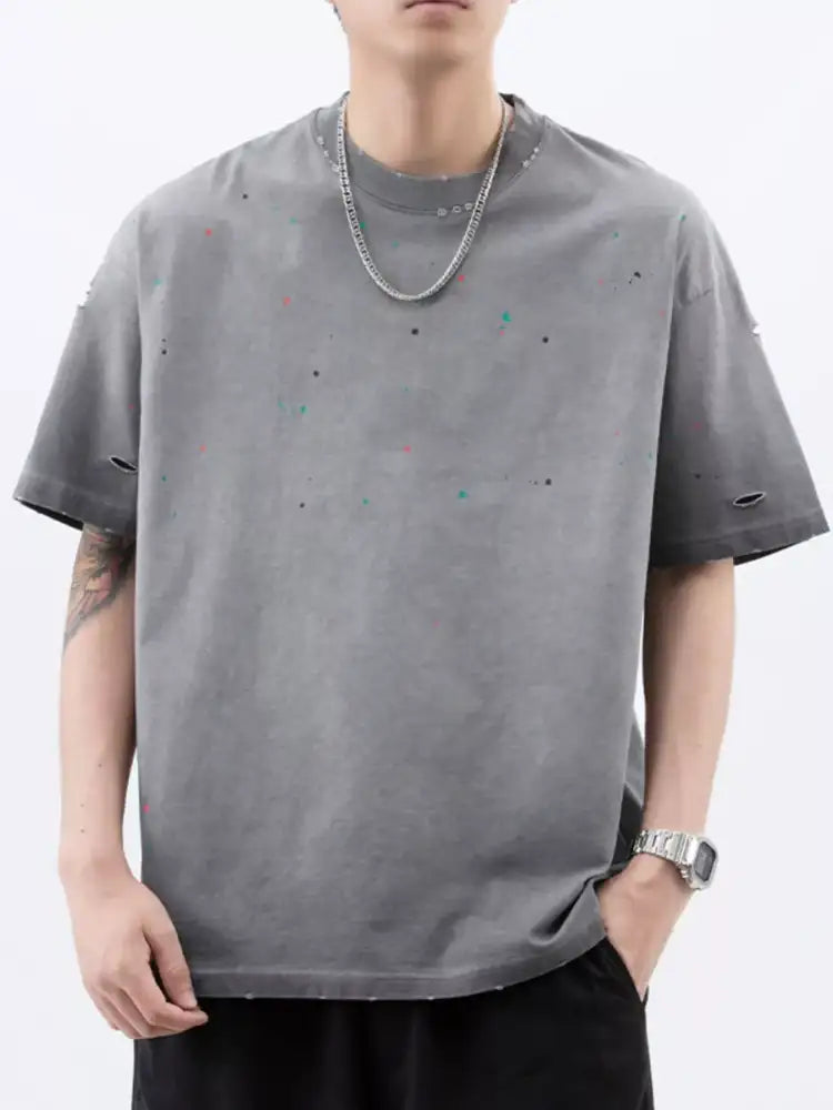 Men’s Plus Size Distressed Round Neck Short Sleeve T-Shirt