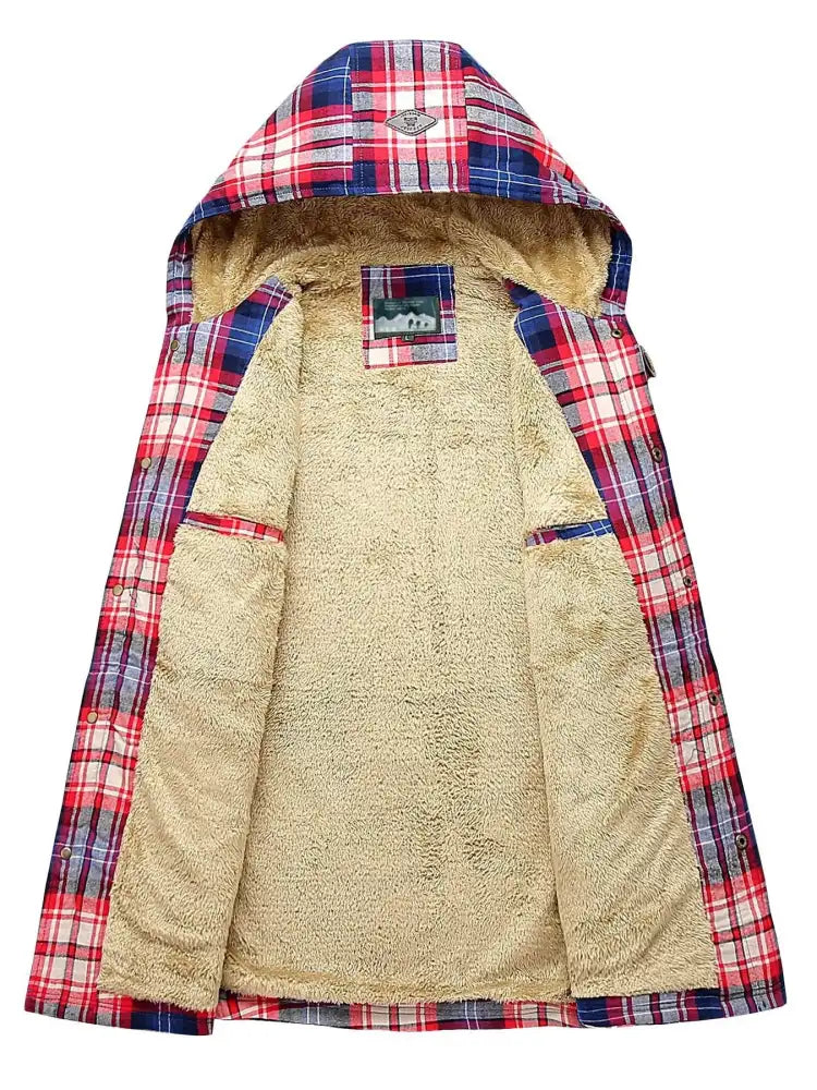 Men’s Plus Size Drawstring Plaid Fleece Lined Hooded Outerwear