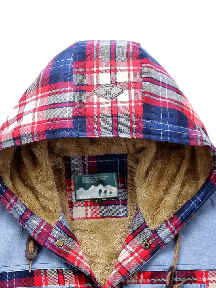 Men’s Plus Size Drawstring Plaid Fleece Lined Hooded Outerwear
