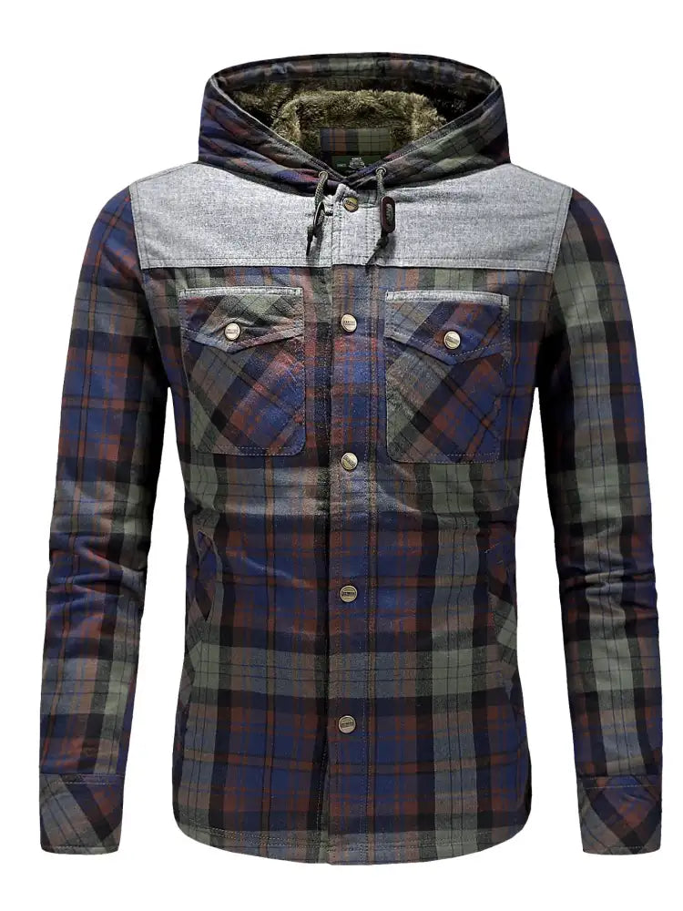 Men’s Plus Size Drawstring Plaid Fleece Lined Hooded Outerwear