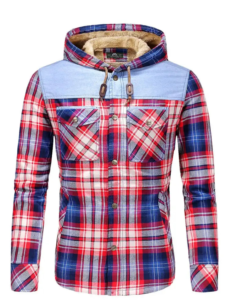 Men’s Plus Size Drawstring Plaid Fleece Lined Hooded Outerwear