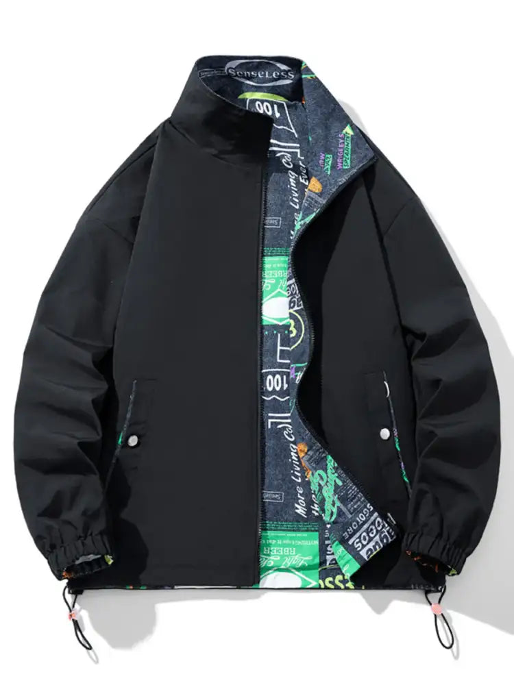Men’s Plus Size Drawstring Printed Zip Up Jacket
