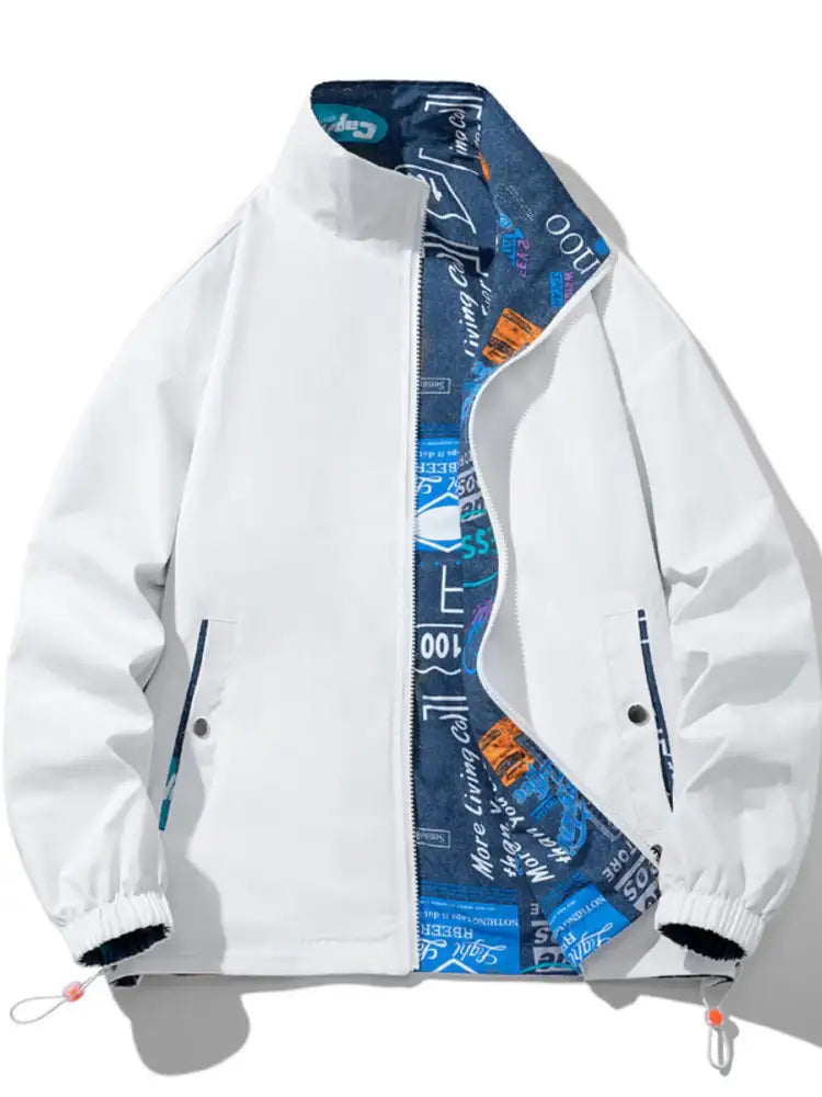 Men’s Plus Size Drawstring Printed Zip Up Jacket