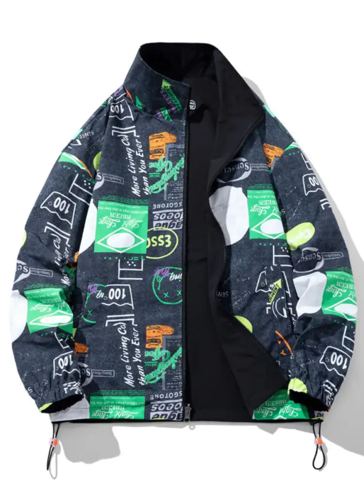 Men’s Plus Size Drawstring Printed Zip Up Jacket