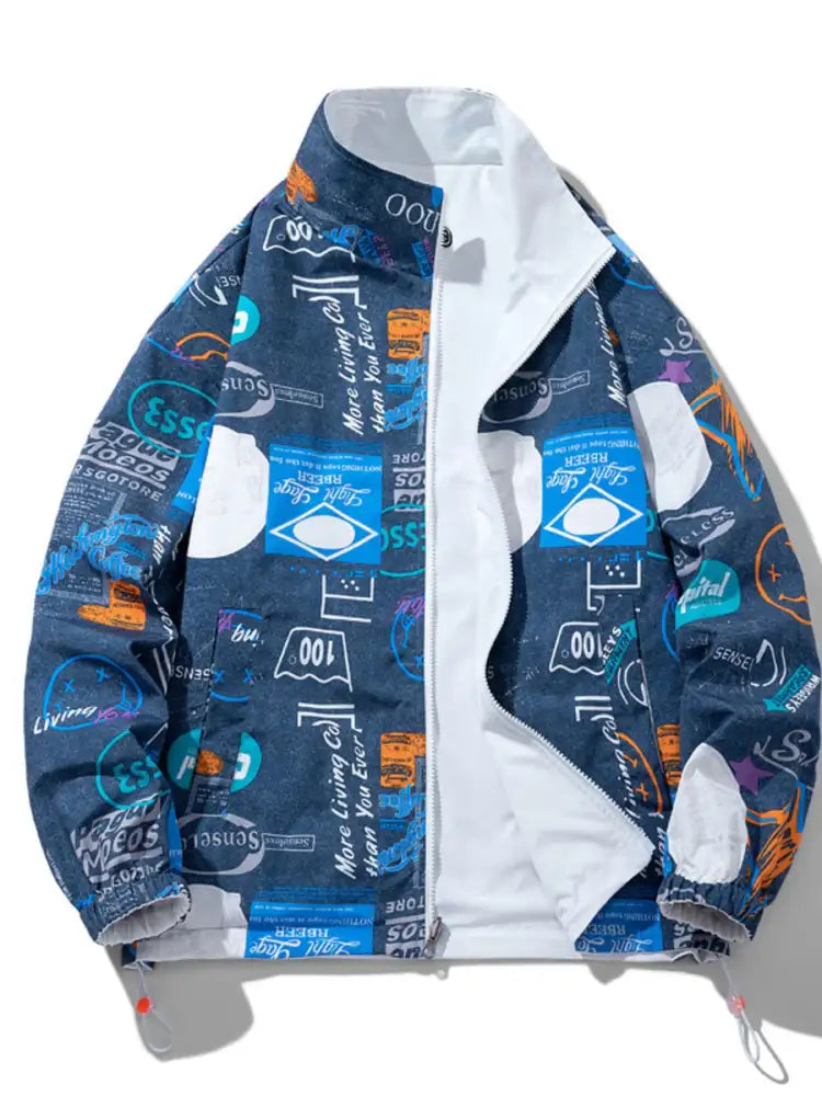 Men’s Plus Size Drawstring Printed Zip Up Jacket