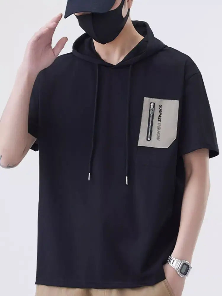 Men’s Plus Size Drawstring Short Sleeve Hooded Top