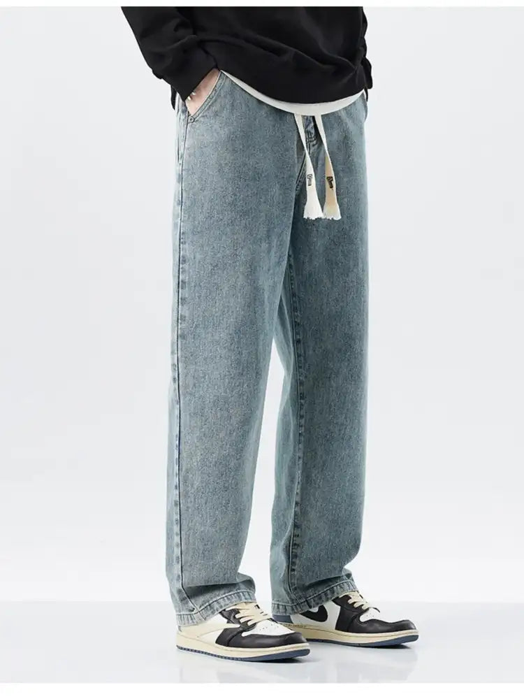 Men’s Plus Size Drawstring Washed Wide Leg Jeans