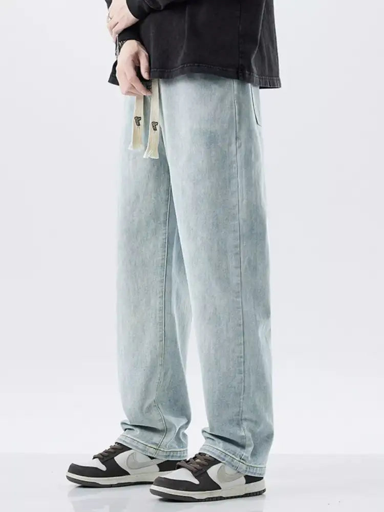 Men’s Plus Size Drawstring Washed Wide Leg Jeans