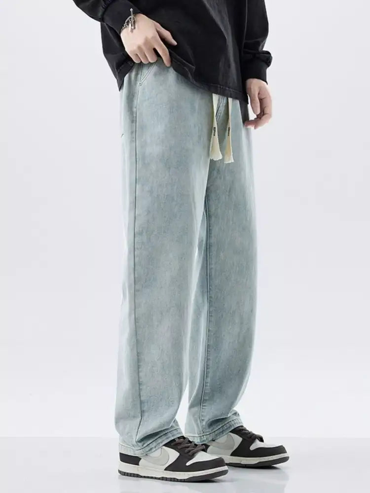 Men’s Plus Size Drawstring Washed Wide Leg Jeans