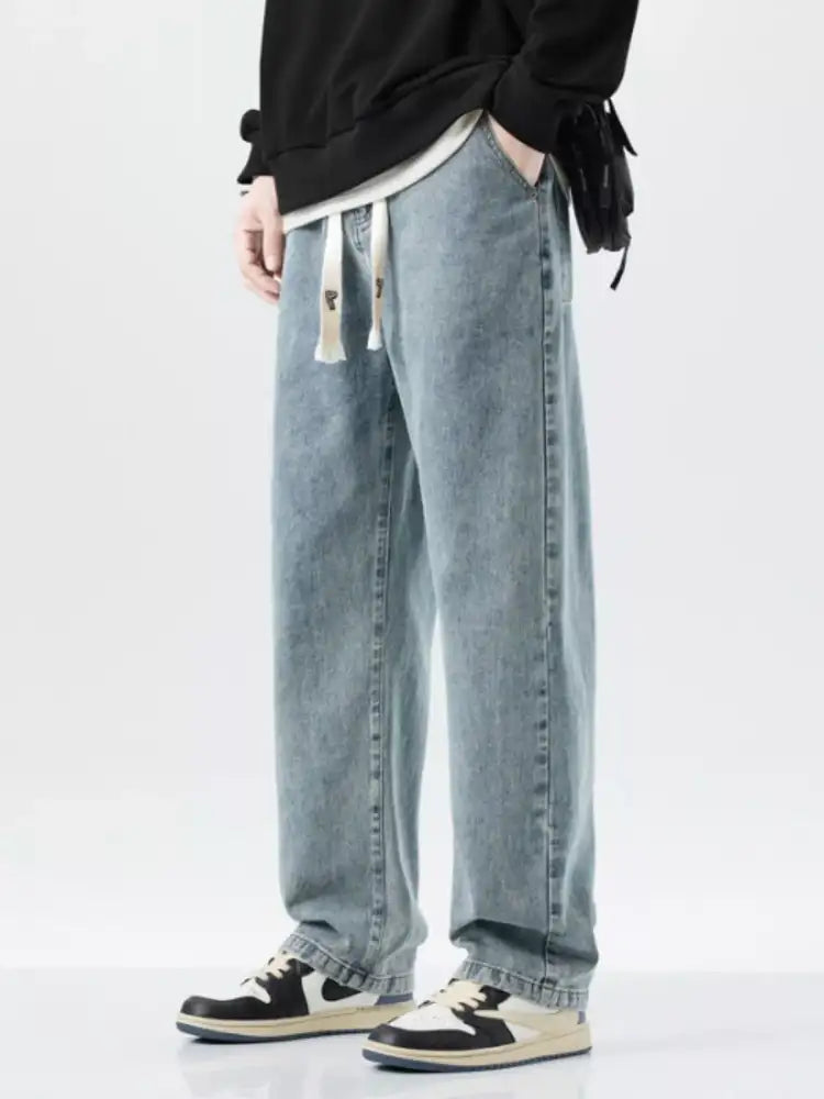 Men’s Plus Size Drawstring Washed Wide Leg Jeans