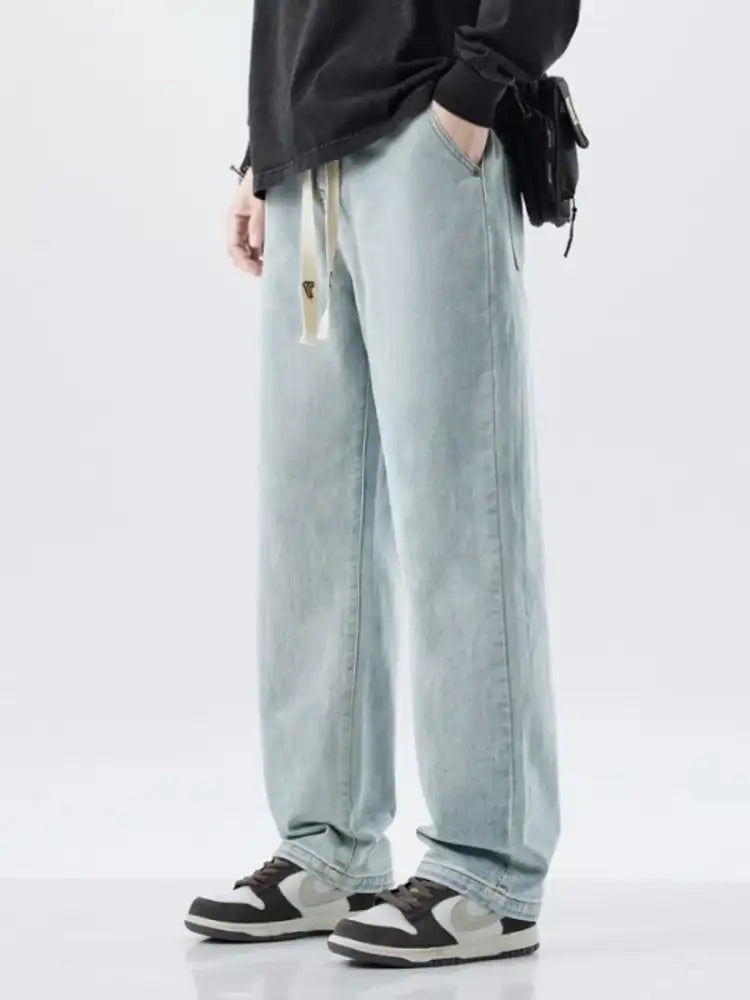 Men’s Plus Size Drawstring Washed Wide Leg Jeans