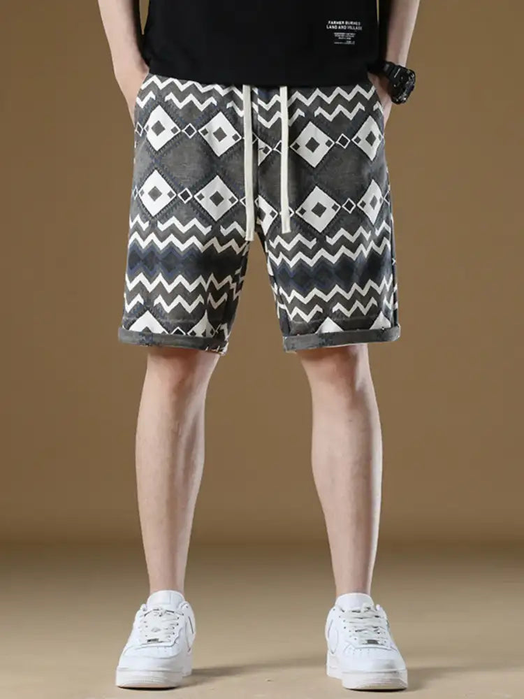 Men’s Plus Size Geometric Pattern Drawstring Casual Shorts